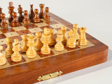 Load image into Gallery viewer, 7.5" Folding Pegged Golden Rosewood Chess Set in Leather Case