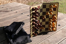 Load image into Gallery viewer, 9" Milled Leather Travel Magnetic Chess Set with Wood Pieces