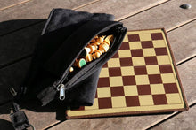 Load image into Gallery viewer, 9" Milled Leather Travel Magnetic Chess Set with Wood Pieces