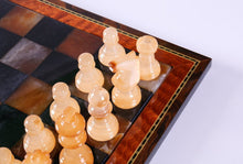 Load image into Gallery viewer, Black & Brown Alabaster Chess Set with Wood Frame