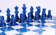 Load image into Gallery viewer, Blue & White Alabaster Chess Set with Wood Frame
