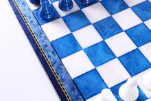 Load image into Gallery viewer, Blue & White Alabaster Chess Set with Wood Frame