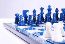 Load image into Gallery viewer, Blue & White Alabaster Chess Set with Wood Frame