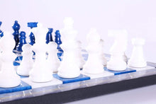 Load image into Gallery viewer, Blue & White Alabaster Chess Set with Wood Frame