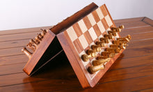Load image into Gallery viewer, Large 18" Folding Magnetic Golden Rosewood/Maple Chess Set in Leatherette Case