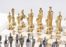 Load image into Gallery viewer, Large Metal Renaissance Chess Set On Grey Gloss Board