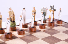 Load image into Gallery viewer, Pearl Harbor Chess Pieces on Walnut and Maple Chest