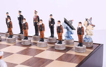 Load image into Gallery viewer, Pearl Harbor Chess Pieces on Walnut and Maple Chest