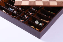 Load image into Gallery viewer, Pearl Harbor Chess Pieces on Walnut and Maple Chest