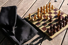 Load image into Gallery viewer, 9" Milled Leather Travel Magnetic Chess Set with Wood Pieces
