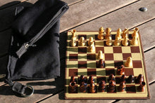 Load image into Gallery viewer, 9" Milled Leather Travel Magnetic Chess Set with Wood Pieces
