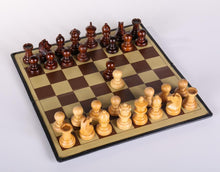 Load image into Gallery viewer, 9" Milled Leather Travel Magnetic Chess Set with Wood Pieces
