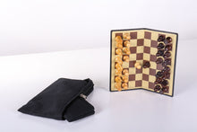 Load image into Gallery viewer, 9" Milled Leather Travel Magnetic Chess Set with Wood Pieces
