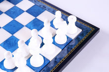 Load image into Gallery viewer, Blue &amp; White Alabaster Chess Set with Wood Frame
