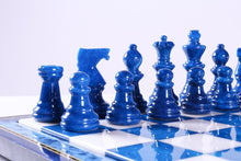 Load image into Gallery viewer, Blue &amp; White Alabaster Chess Set with Wood Frame
