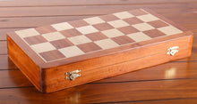 Load image into Gallery viewer, Large 18" Folding Magnetic Golden Rosewood/Maple Chess Set in Leatherette Case
