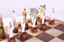 Load image into Gallery viewer, Pearl Harbor Chess Pieces on Beech Chest
