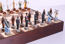 Load image into Gallery viewer, Pearl Harbor Chess Pieces on Walnut and Maple Chest
