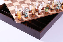 Load image into Gallery viewer, Pearl Harbor Chess Pieces on Walnut and Maple Chest
